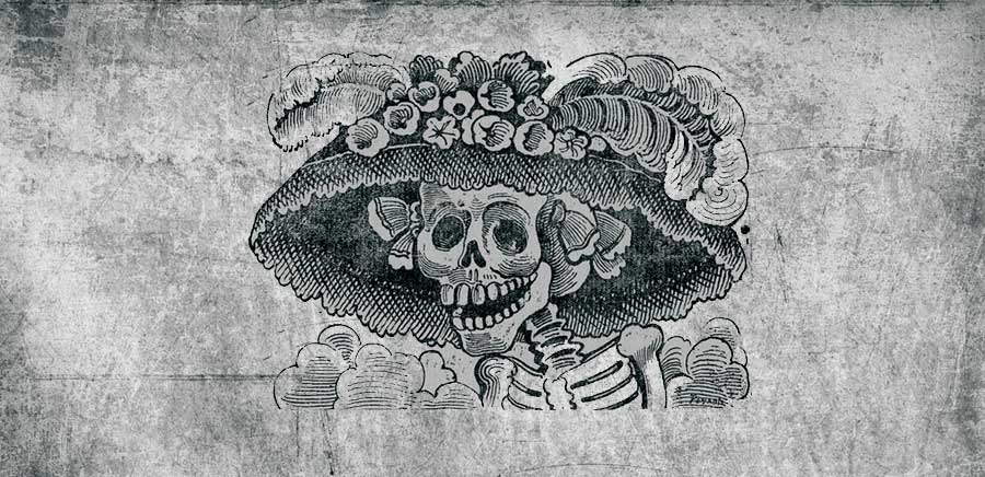 Dibujo de calaveras mexicanas plasmado en tela